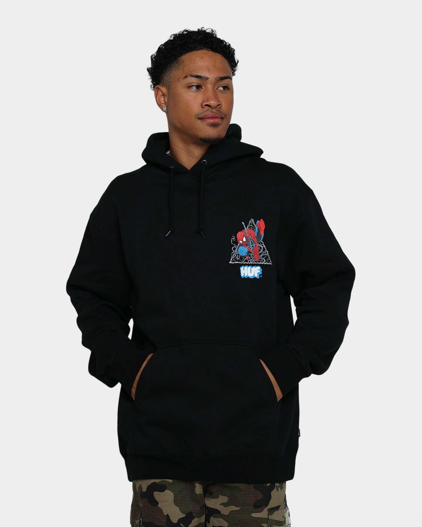 HUF X Marvel Thwip Triangle Pullover Hoodie Black High Collar Design SeamSealed Construction