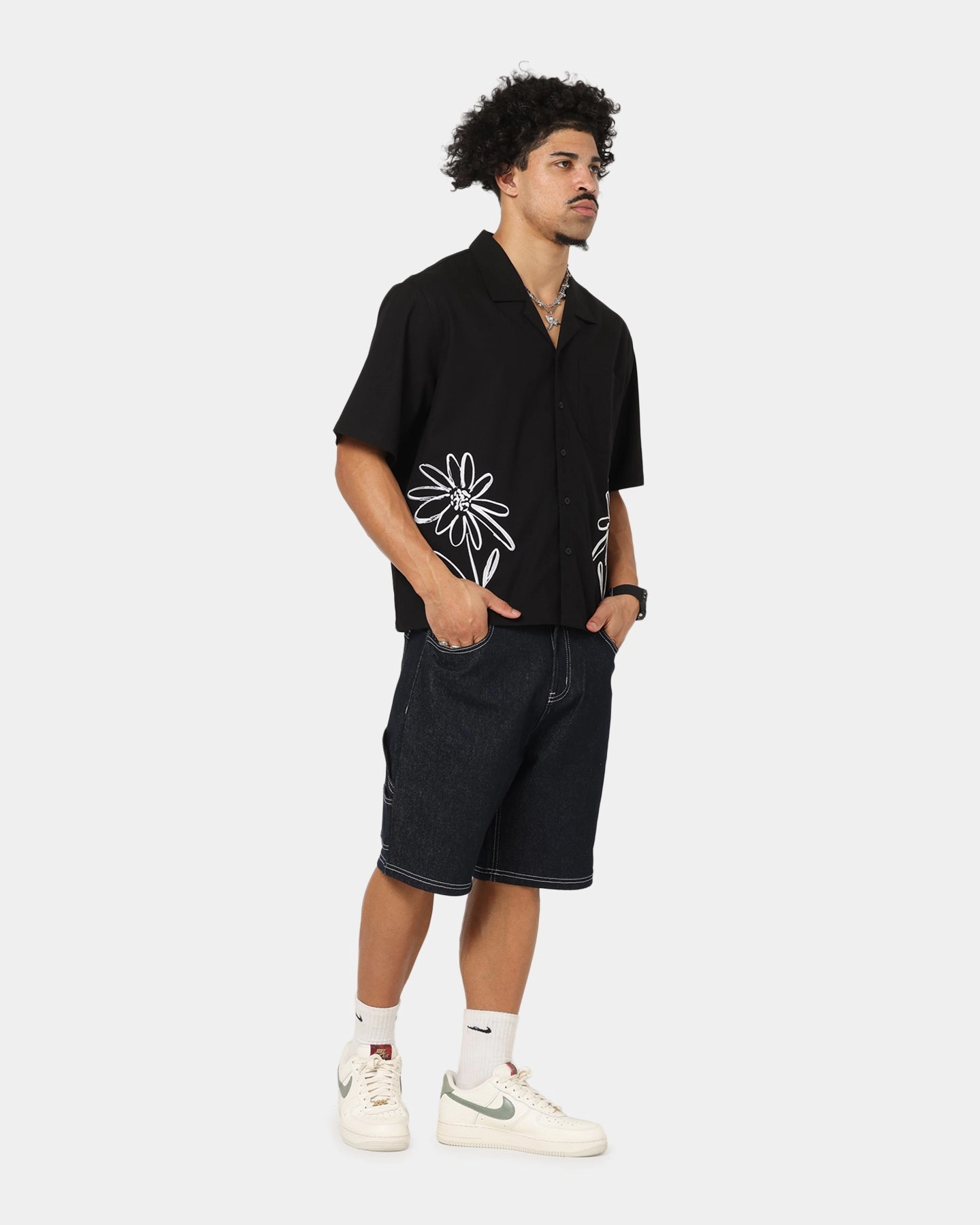 Durable Stitching Trendy Fashion Carre Hand Picked Button Up Shirt Black