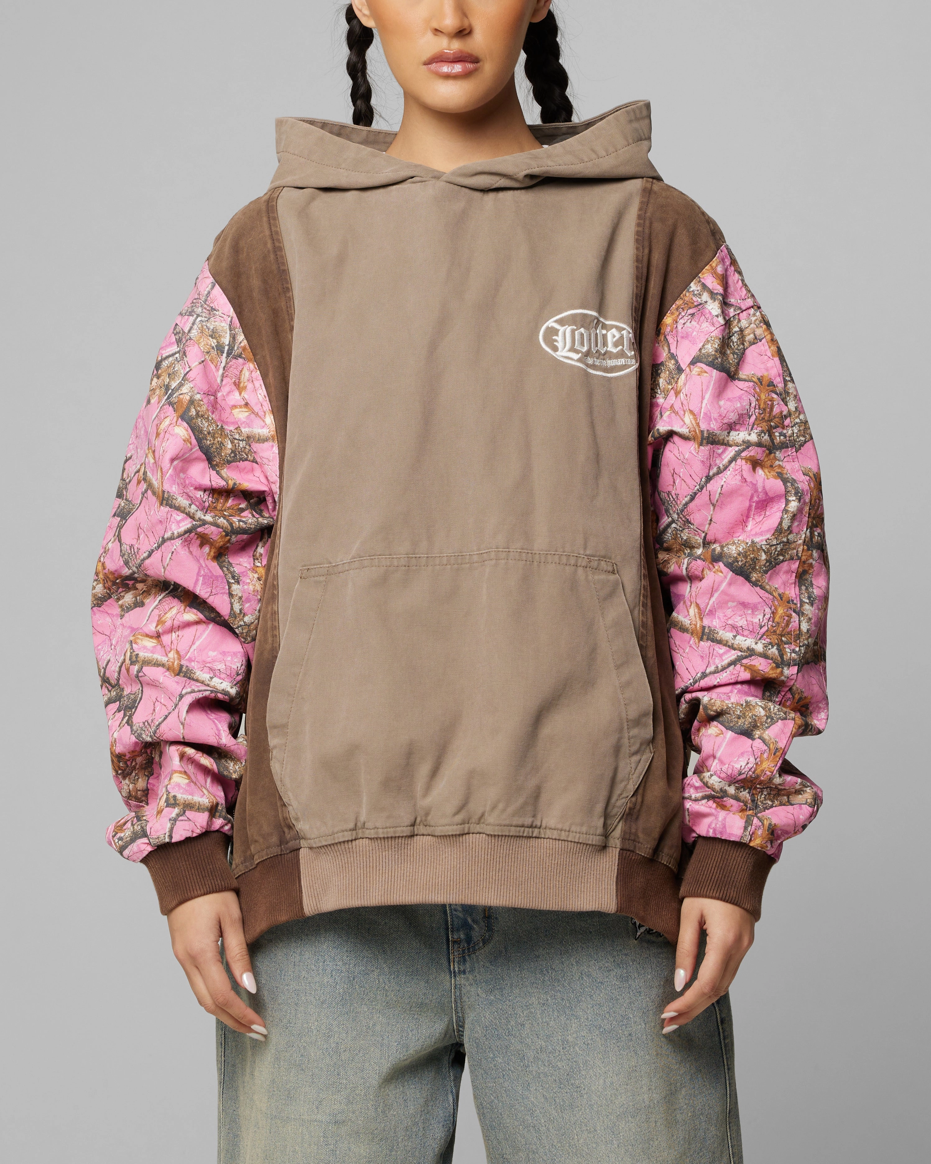 Front Pouch Loiter Splinter Hoodie Pink Camo