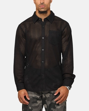 Fitted Silhouette Dinner Date XXIII Terrace Knit Long Sleeve Button Up Shirt Black