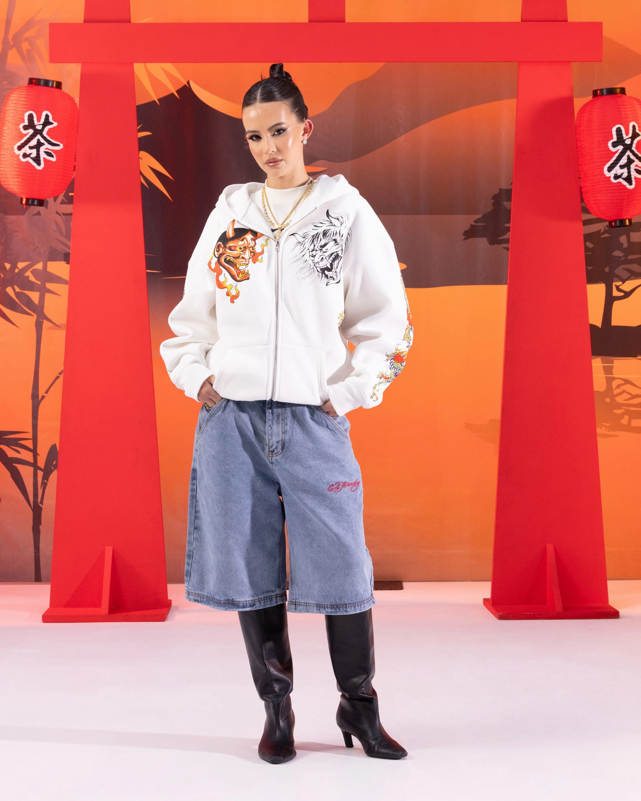 Warm Street Textured Weave Ed Hardy Floral Zip Hoodie Off White