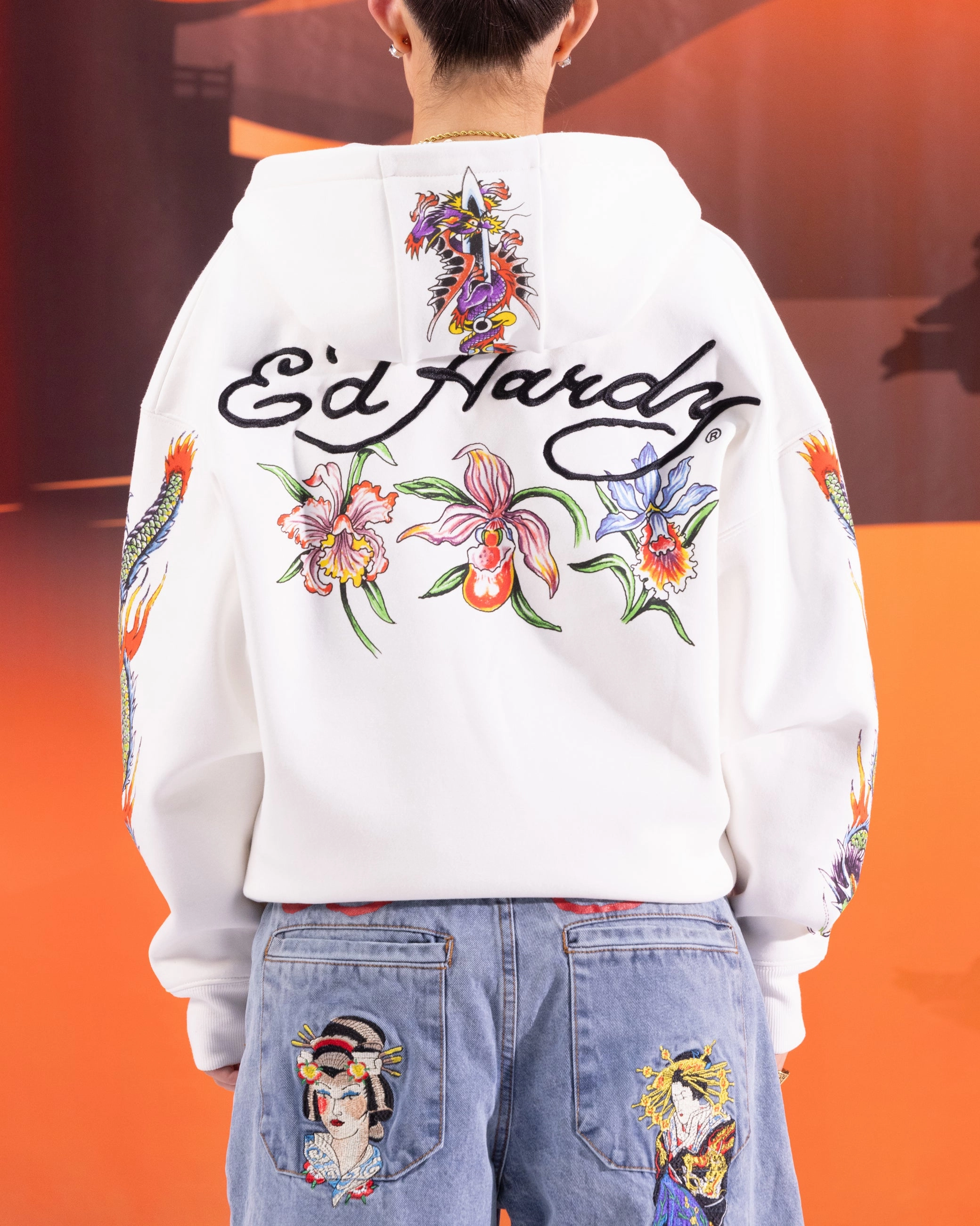 Ed Hardy Floral Zip Hoodie Off White Coffee Date rhinestone accents