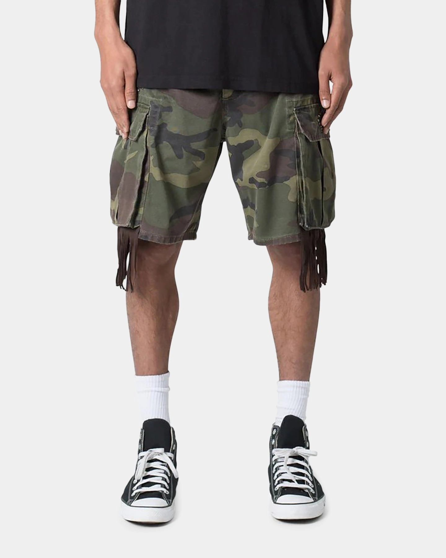 MNML Tassle Cargos Denim Shorts Camo Weekend Outing