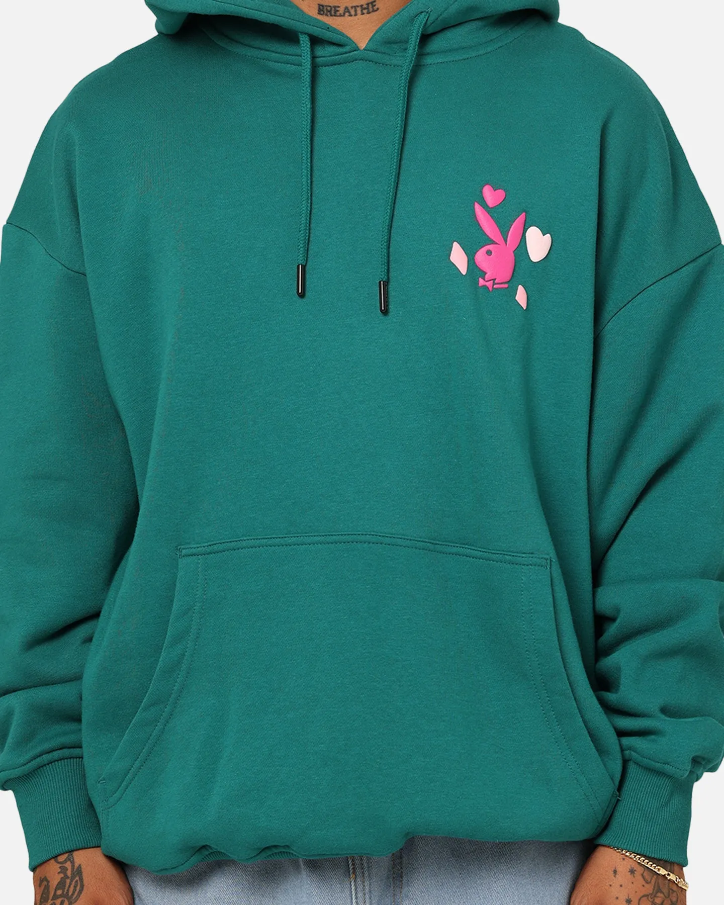 Hidden Zipper Closure Playboy Stay Playful Hoodie Forest Green