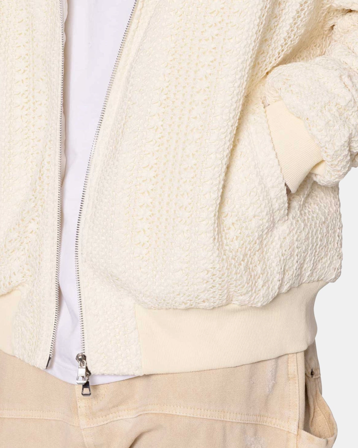 MNML Crochet Bomber Jacket Cream Soft Shell Material