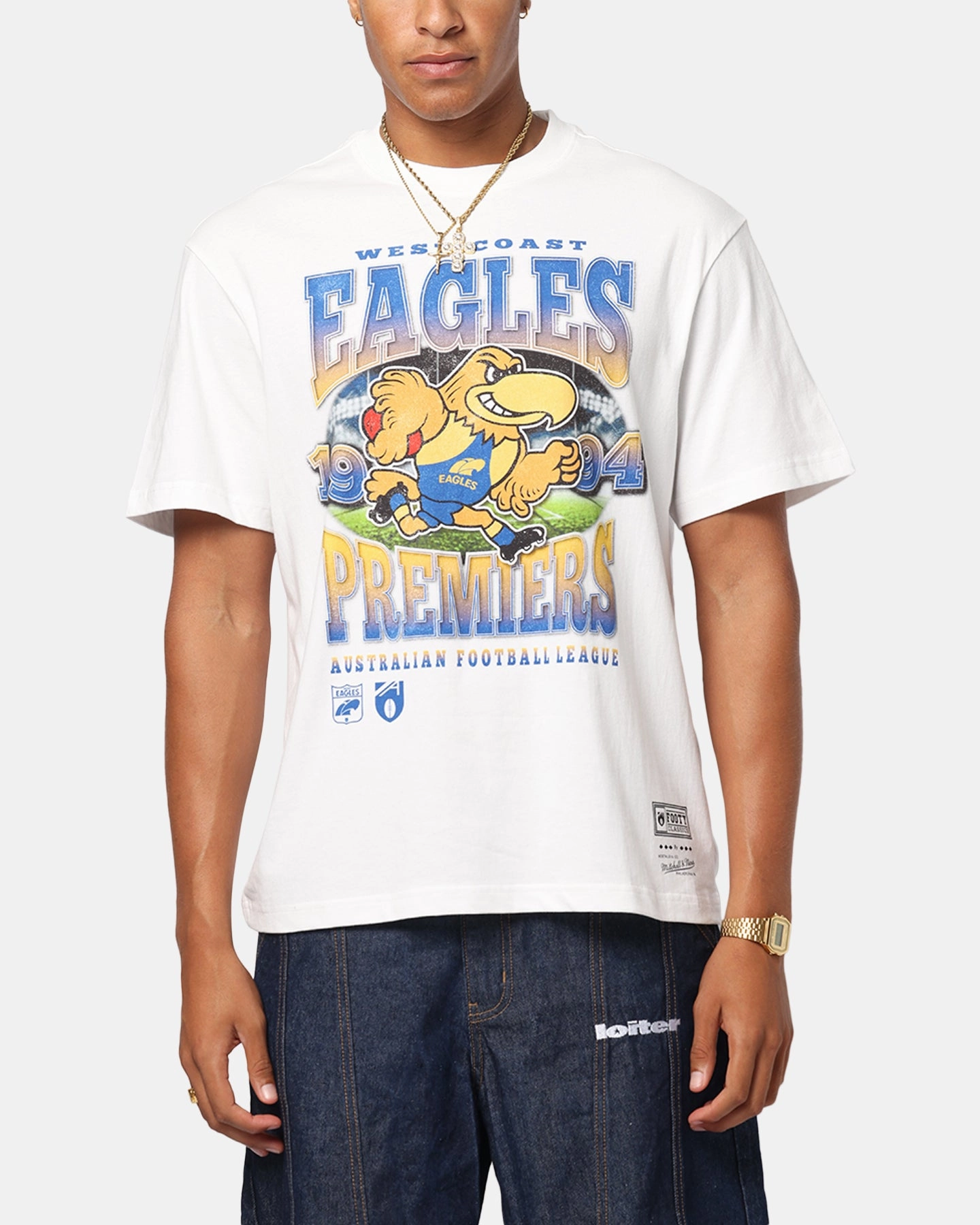 Mitchell & Ness West Coast Eagles  Mascot T-Shirt Vintage White comfortable option High Density Weave