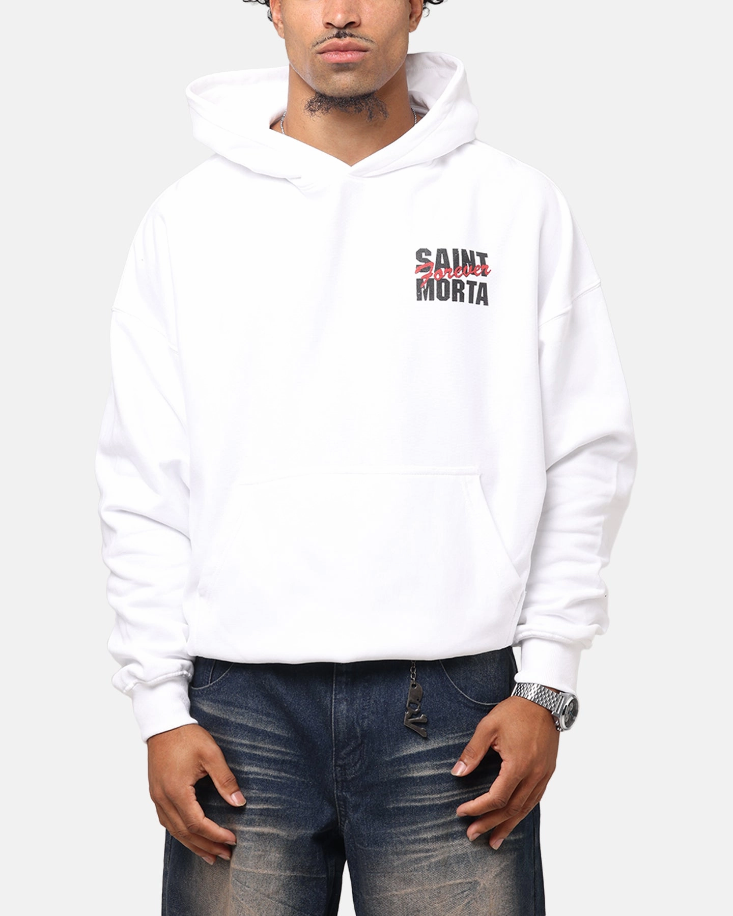 Saint Morta Forever Boxy Hoodie White Zippered Pockets Glittery accents