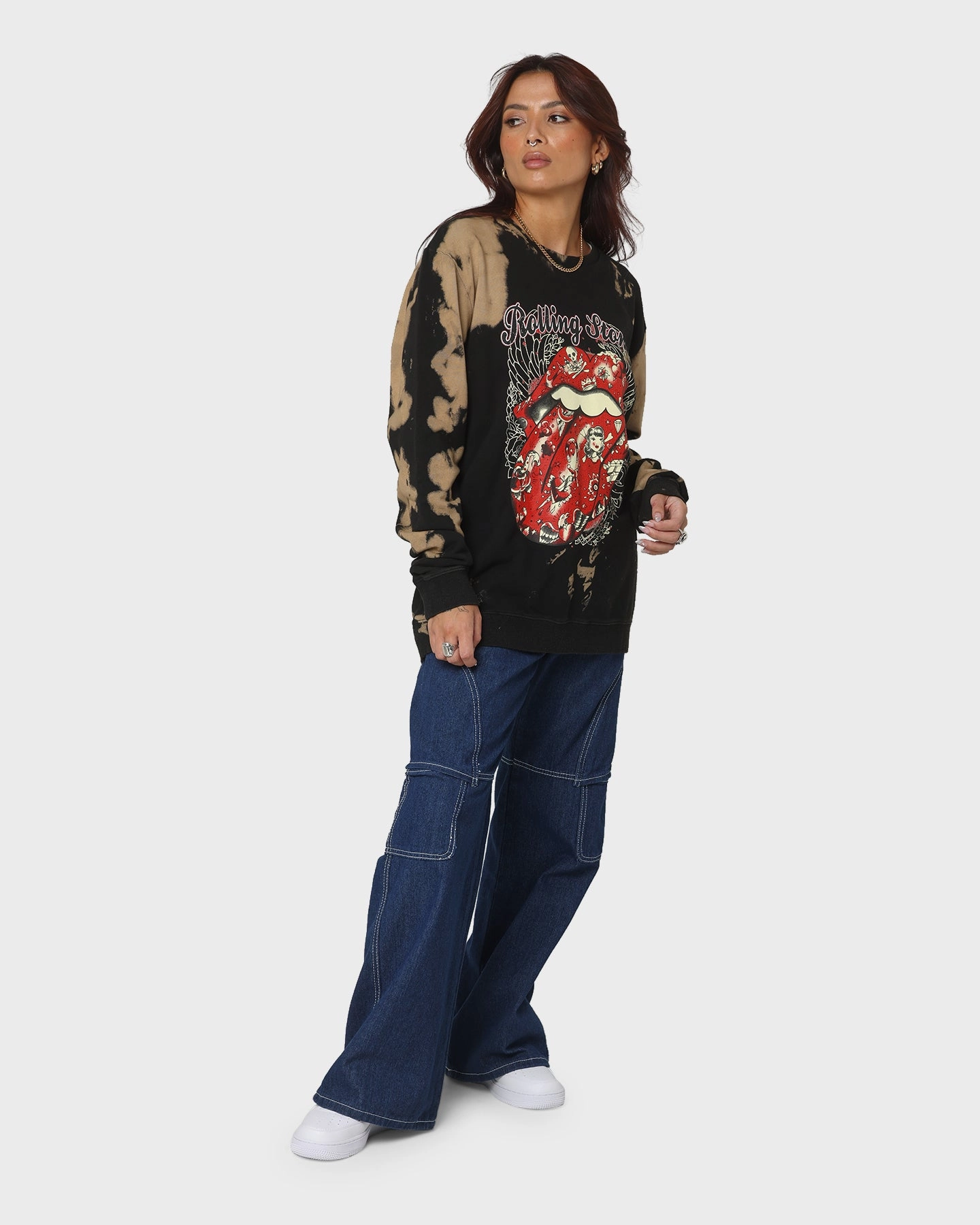 The Rolling Stones Tattoo Tongue Crewneck Tie Dye/Black Everyday Wearable Classic timelessness