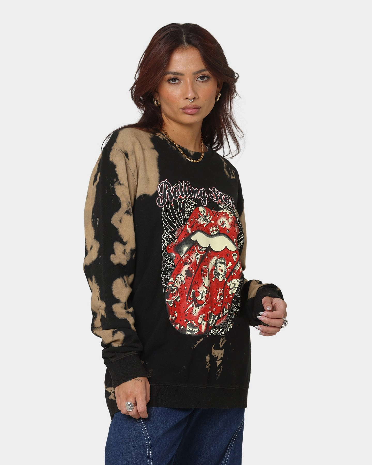 The Rolling Stones Tattoo Tongue Crewneck Tie Dye/Black Flexible Neckline Athletic Fit