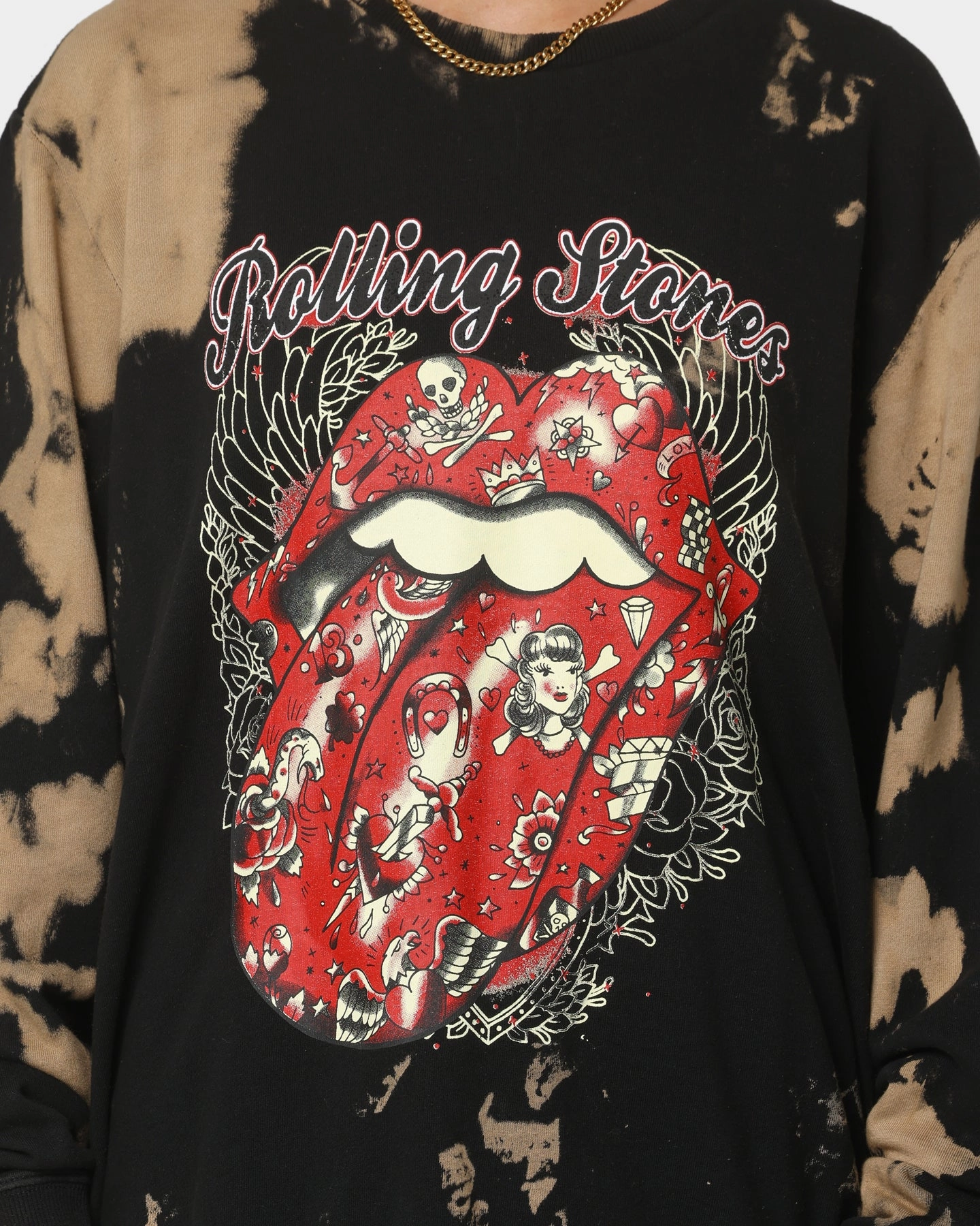 The Rolling Stones Tattoo Tongue Crewneck Tie Dye/Black Relaxed Comfort Look