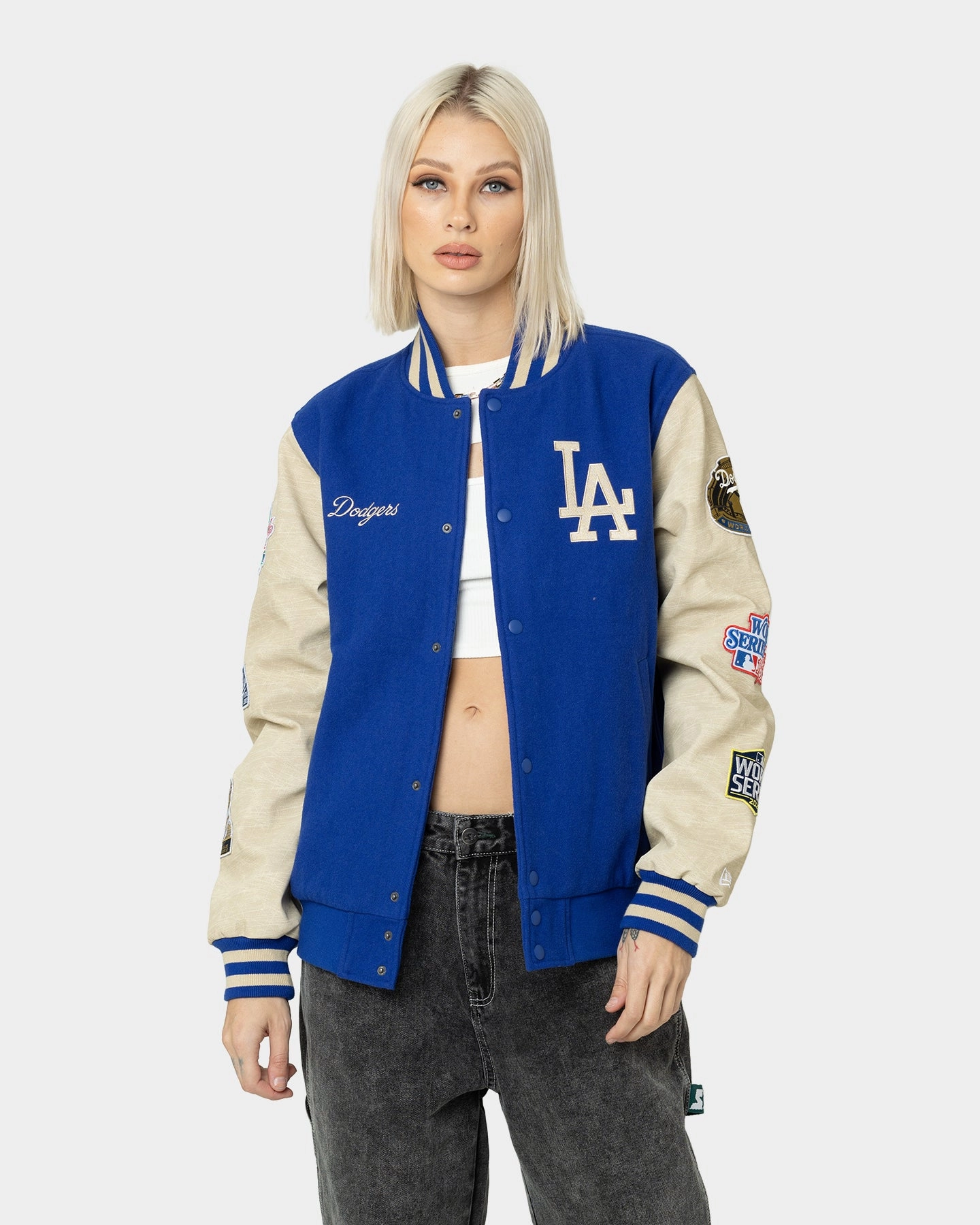 suitable for holidays Articulated Seams New Era Los Angeles Dodgers MLB World Series Varsity Jacket Blue