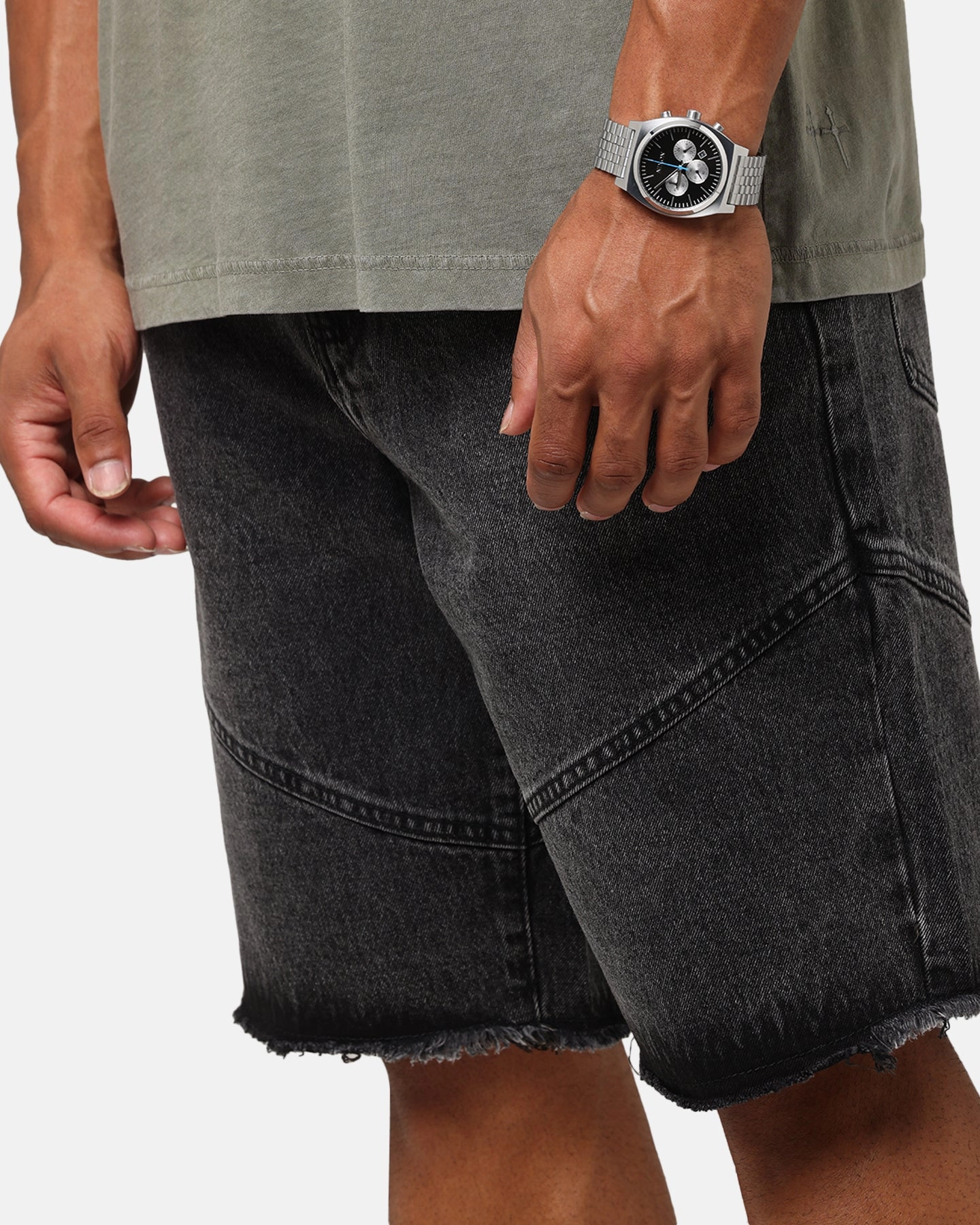 Saint Morta Armoury Baggy Denim Shorts Black Shadow Non Restrictive Fit embroidery details