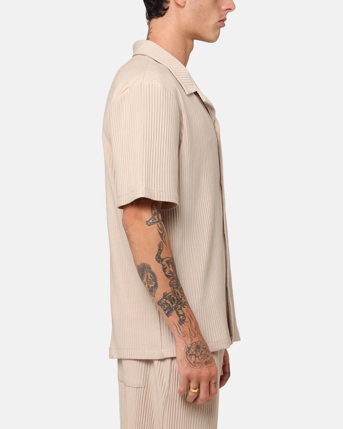 On-The-Go Style Layered Collar XXIII Pleated Button Up Shirt Tan