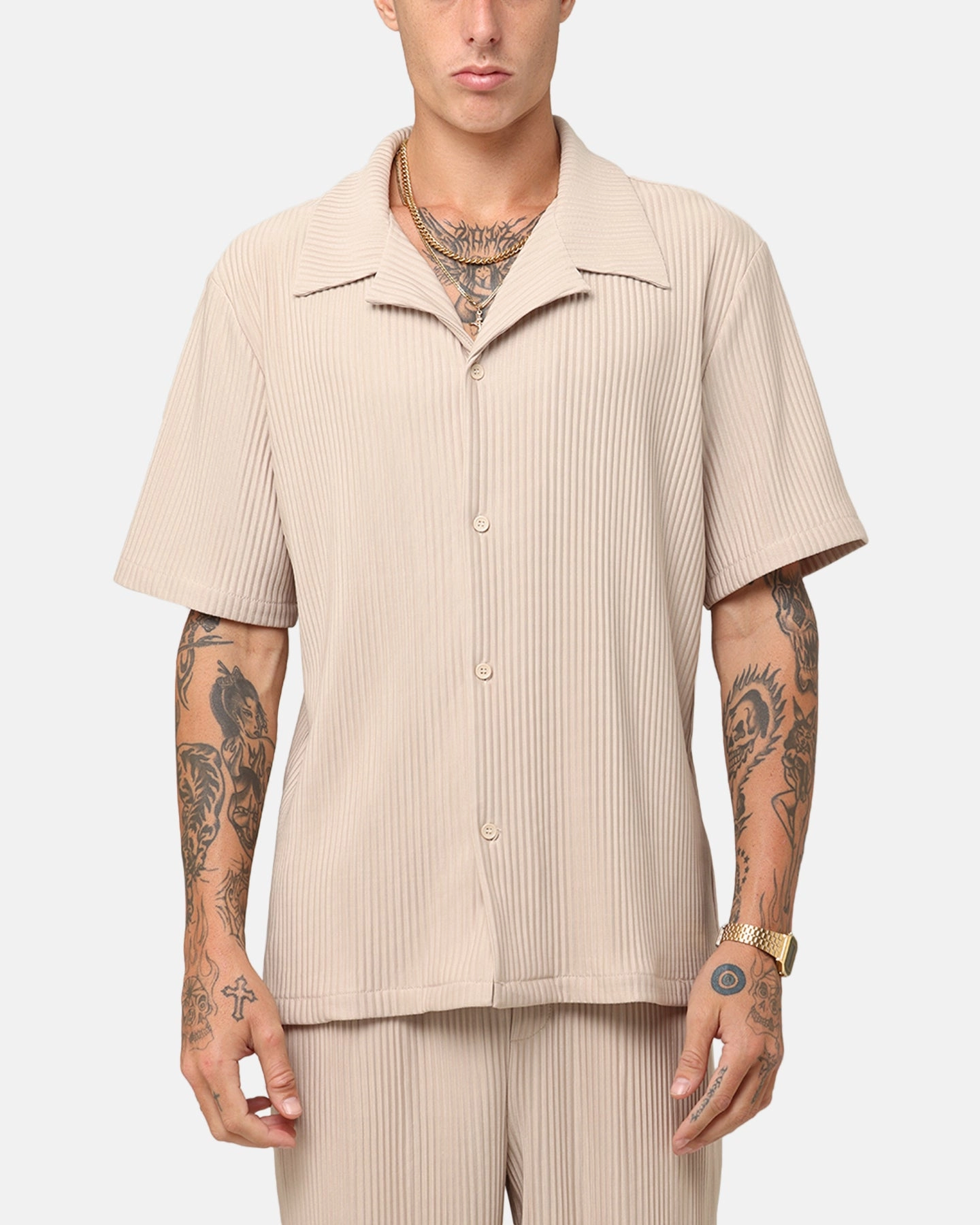 XXIII Pleated Button Up Shirt Tan Sustainable Weave