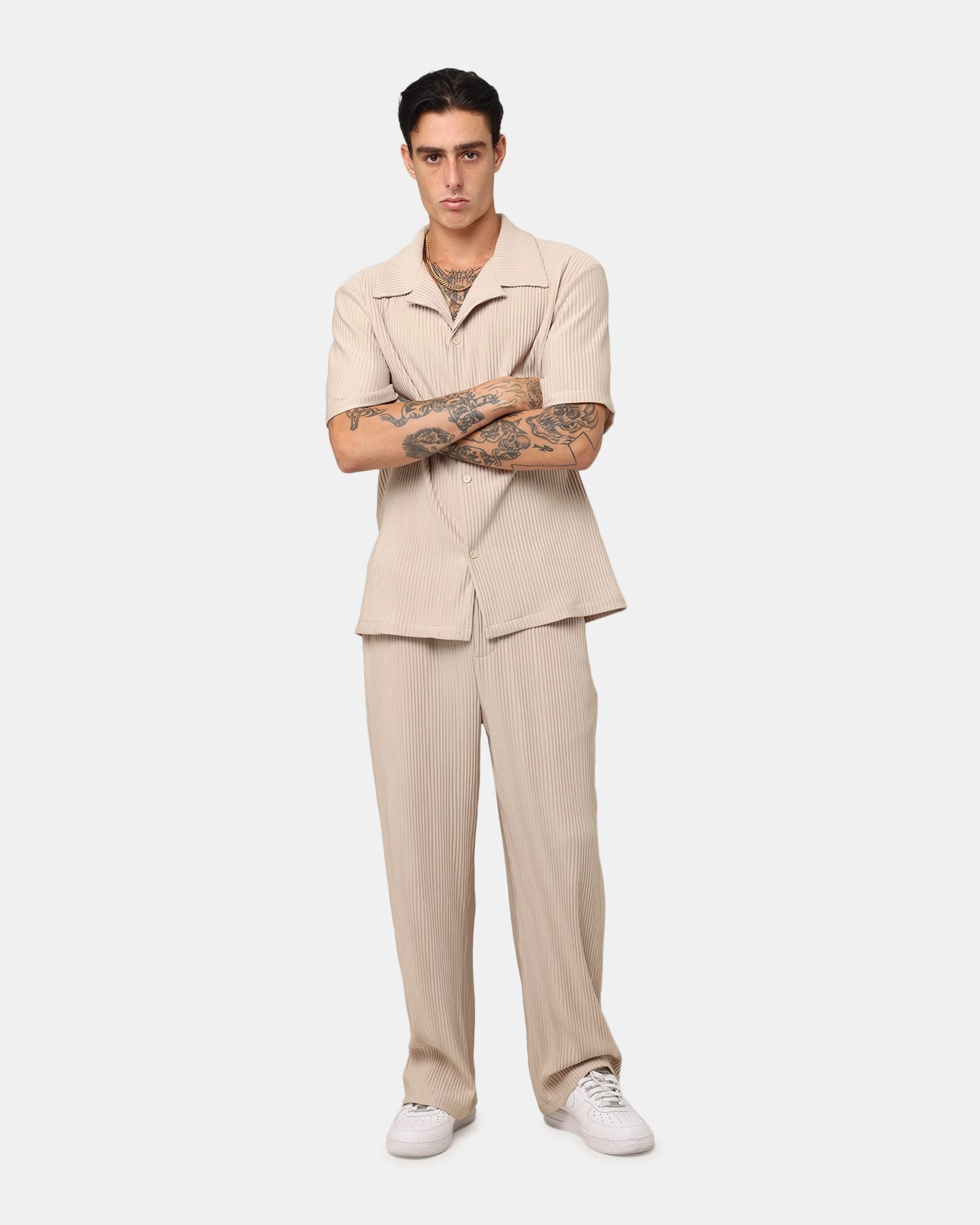 XXIII Pleated Button Up Shirt Tan Business casual