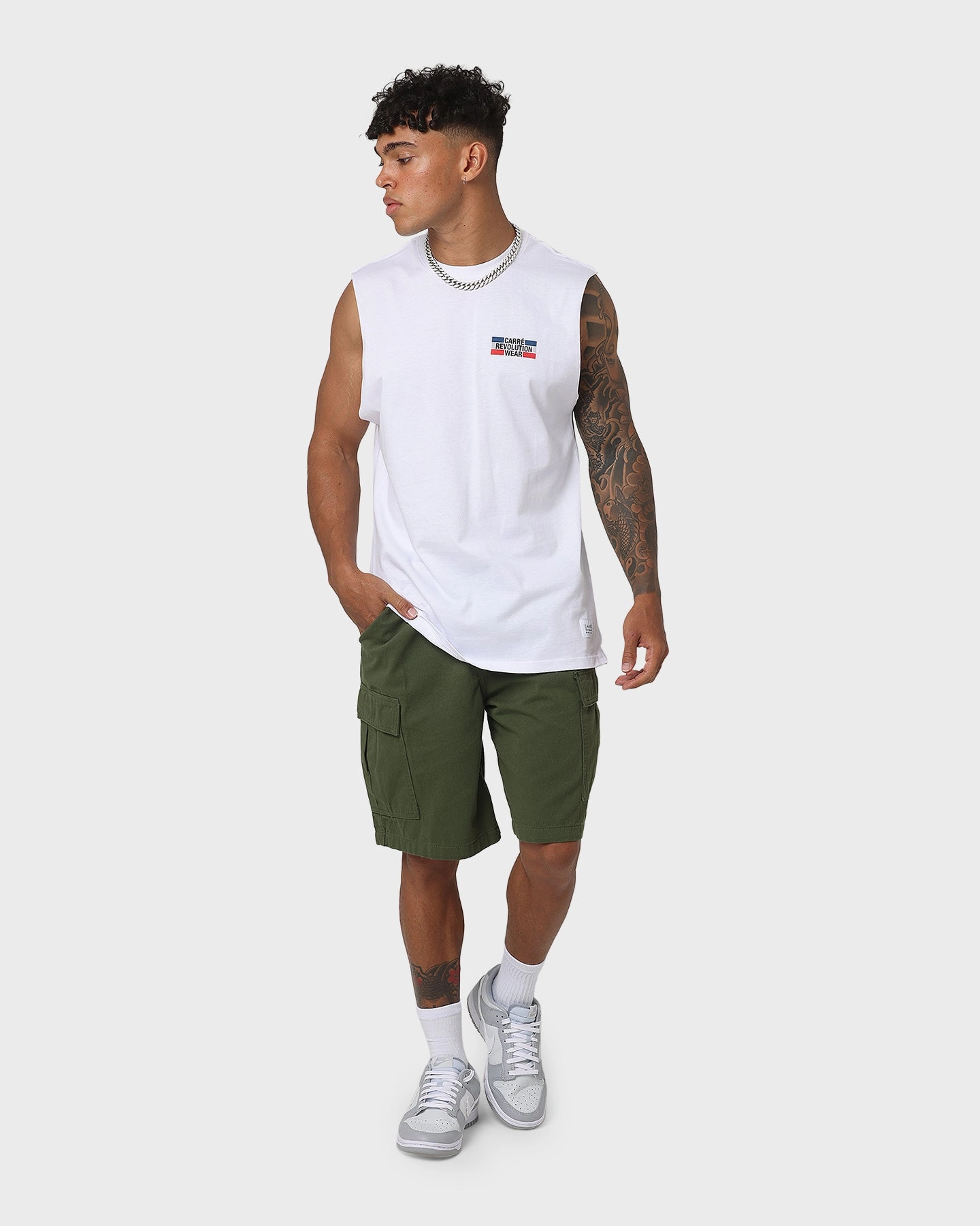 Subtle Logo Placement Carre Carr??-CRV Muscle T-Shirt White