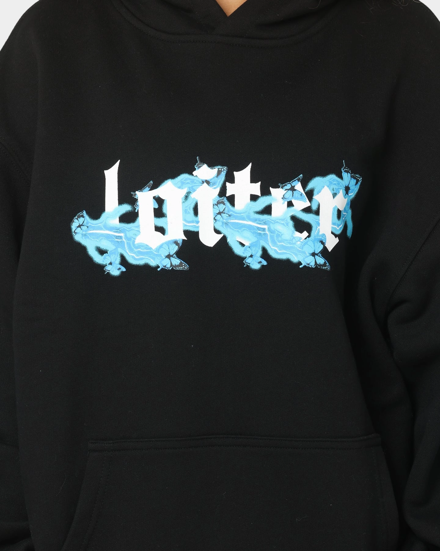 Functional Style Layered Neckline Loiter Electro Butterfly Hoodie Black