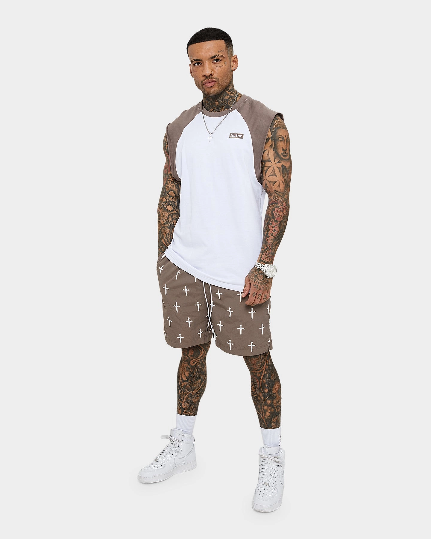 Saint Morta Numeraire Raglan Muscle T-Shirt Dark Brown/White Odor Resistant Material