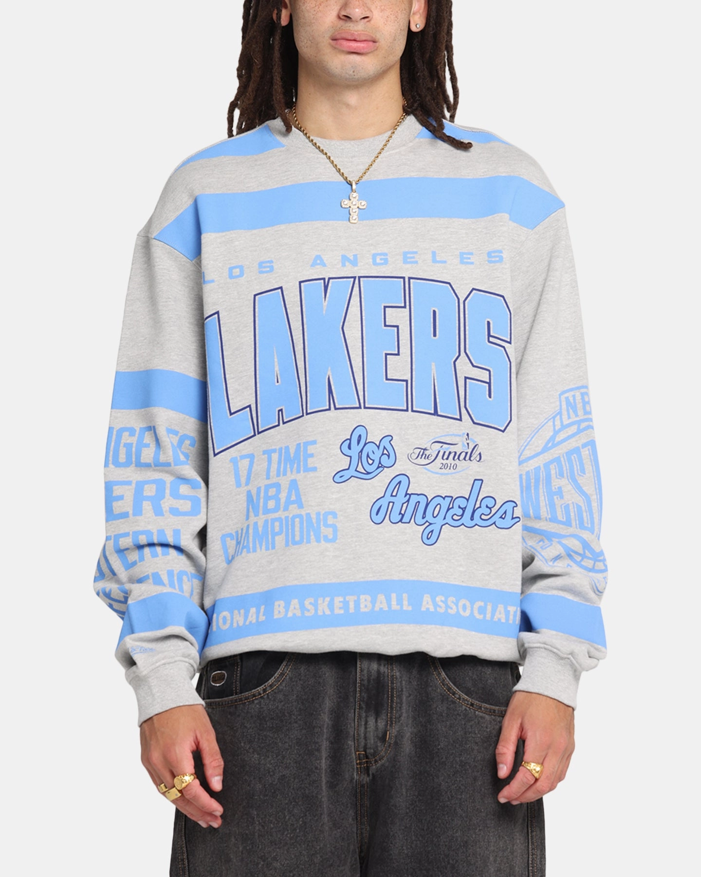 Zero Waste Manufacturing Hypoallergenic Fiber Mitchell & Ness Los Angeles Lakers Letterform Crewneck Grey Marle