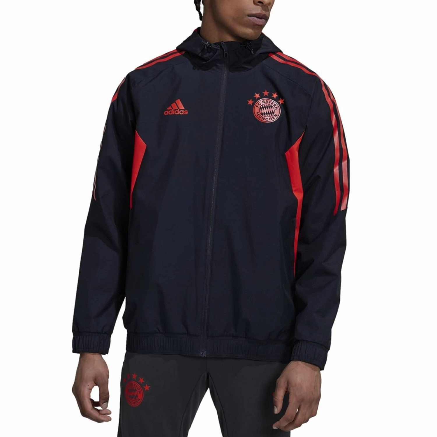 Bayern Munich soccer training rain jacket 2022/23 black - Adidas Hooded Design