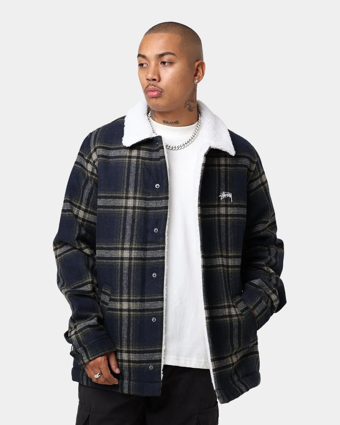 Sporty Fit Flexible Cuff Stussy Plaid Sherpa Jacket Navy Check