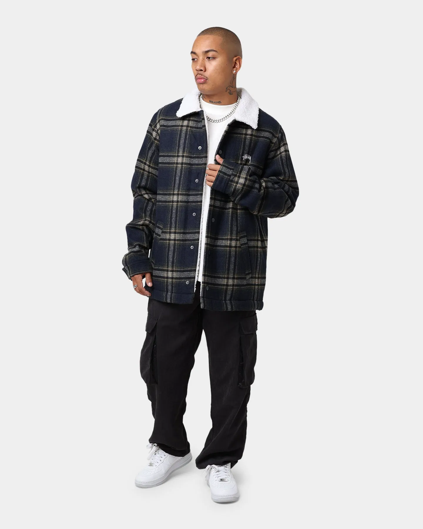 Stussy Plaid Sherpa Jacket Navy Check Ergonomic Shoulder Panels