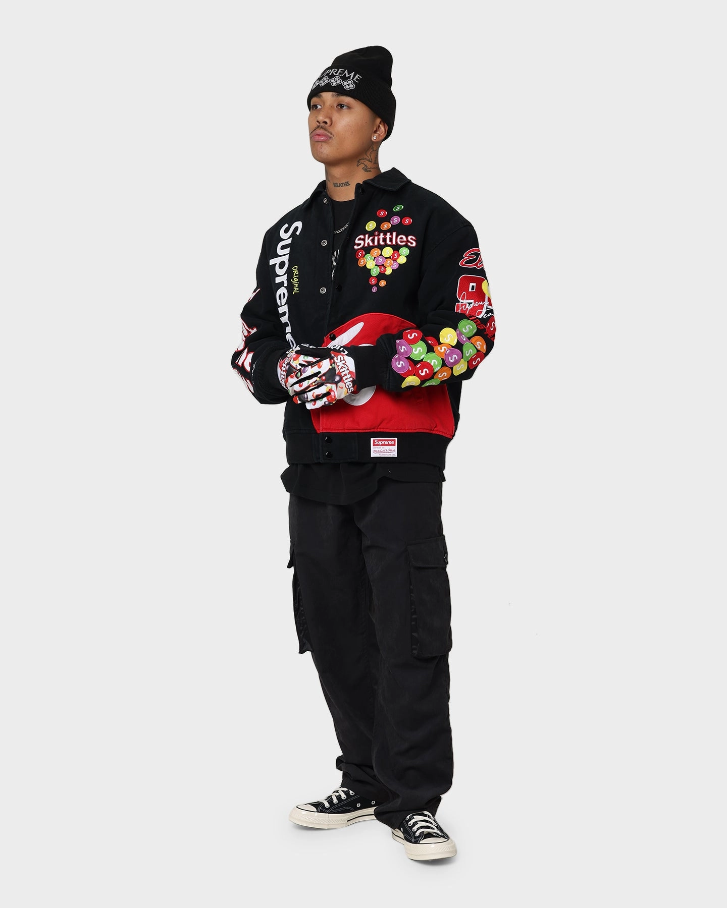 Grid Backlined Interior Supreme X Mitchell & Ness X Skittles Varsity Jacket Black