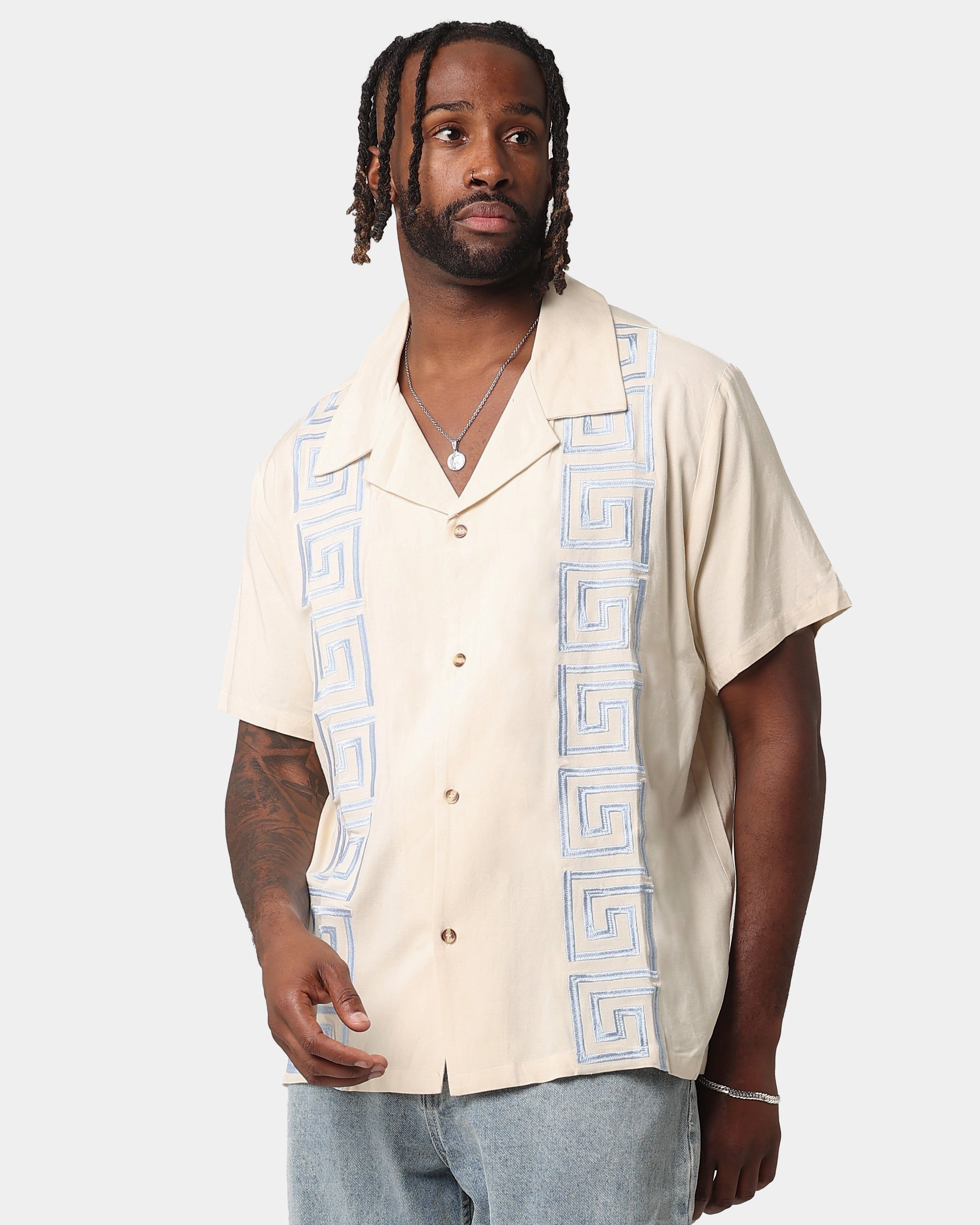 Contrast Stitch XXIII Hellas Linen Button Up Shirt Off White/Blue