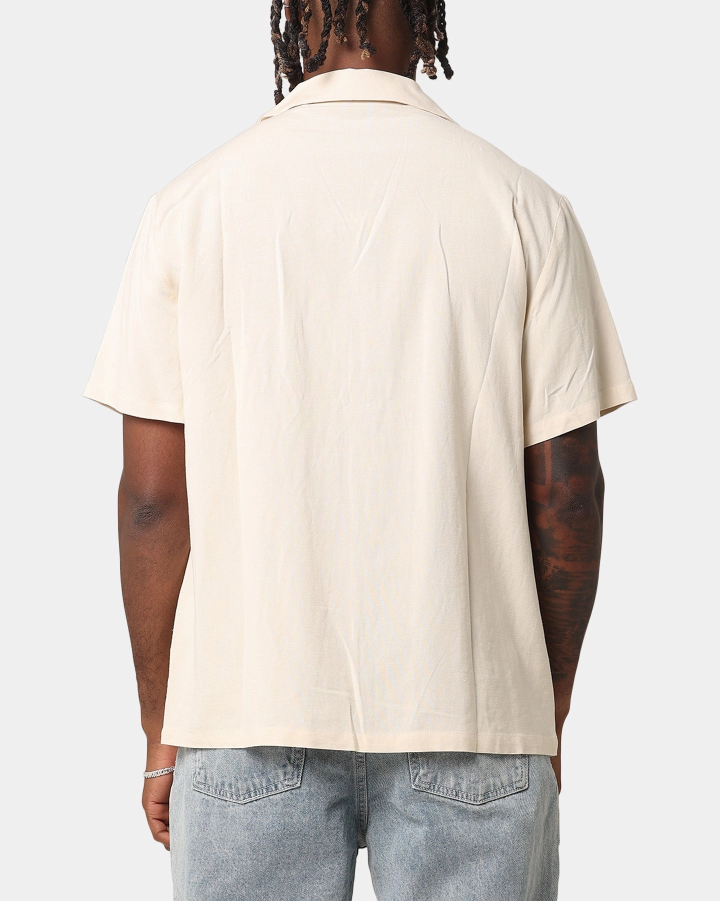 XXIII Hellas Linen Button Up Shirt Off White/Blue high-low hem