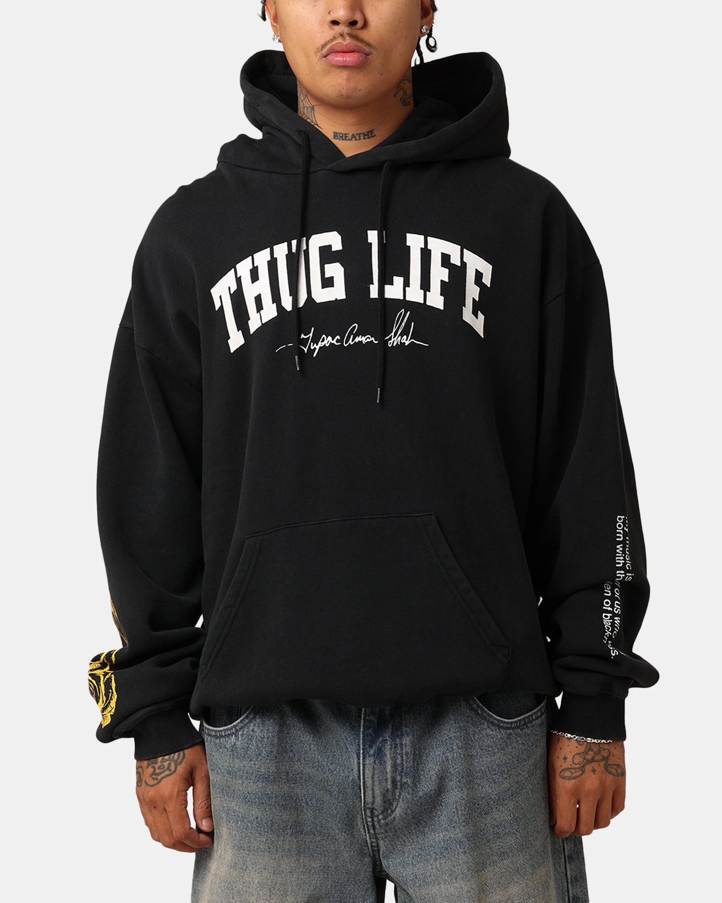 Tupac Thug Life Rose Hoodie Washed Black suitable for e commerce Compression Fold Design