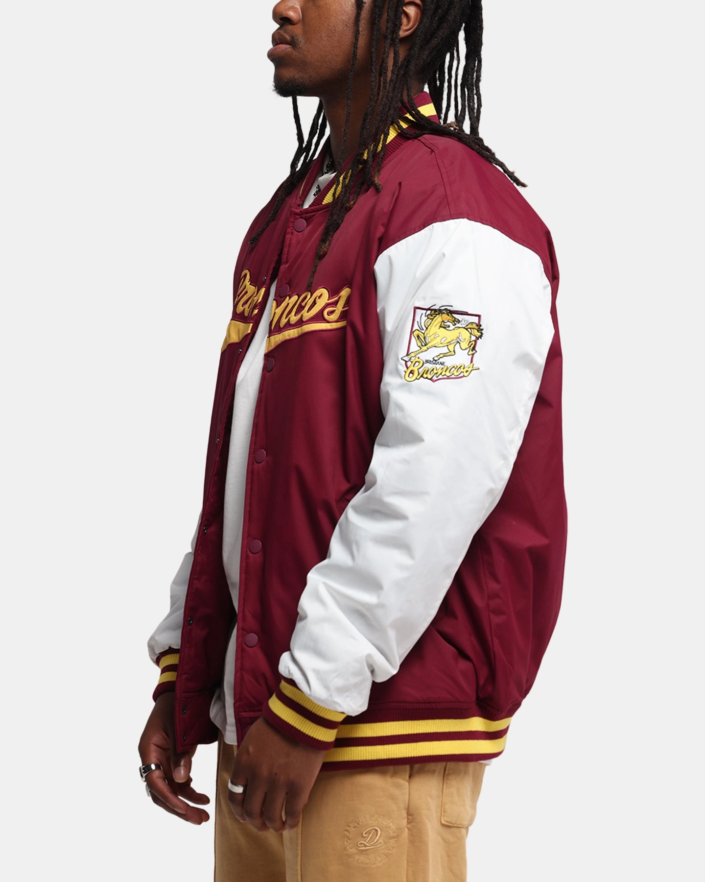 Denim Mid-layer Bleacher Athletic Brisbane Broncos NRL 1908 Baseball Varsity Jacket Official Team Colour