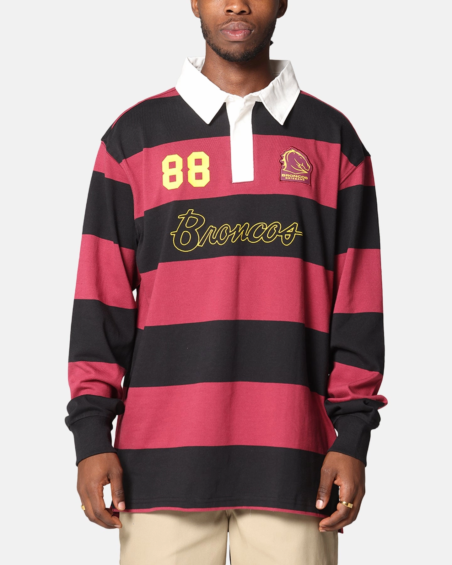 Bleacher Athletic Brisbane Broncos NRL Stripe Rugby Polo Shirt Official Team Colour SweatResistant Inner Layer