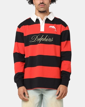Bleacher Athletic Dolphins NRL Stripe Rugby Polo Shirt Official Team Colour Weekend Brunch MoistureManagement System