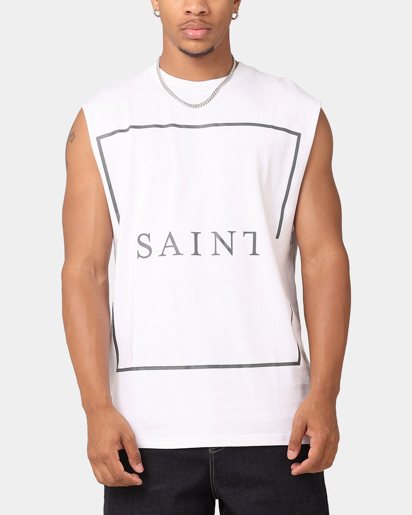 Saint Morta Division Oversized Muscle T-Shirt White/Black Lightweight Material