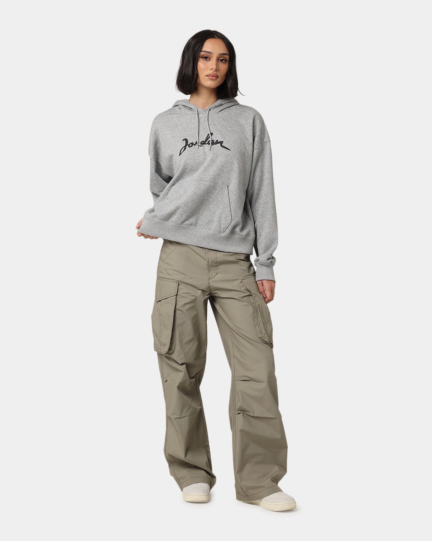 Pearl details Jordan Women's Brooklyn Fleece Pullover Hoodie Dark Grey Heather