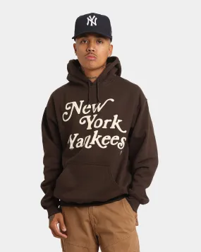 High Density Weave Brand Name Majestic Athletic New York Yankees Team Stack Script Hoodie Dark Chocolate
