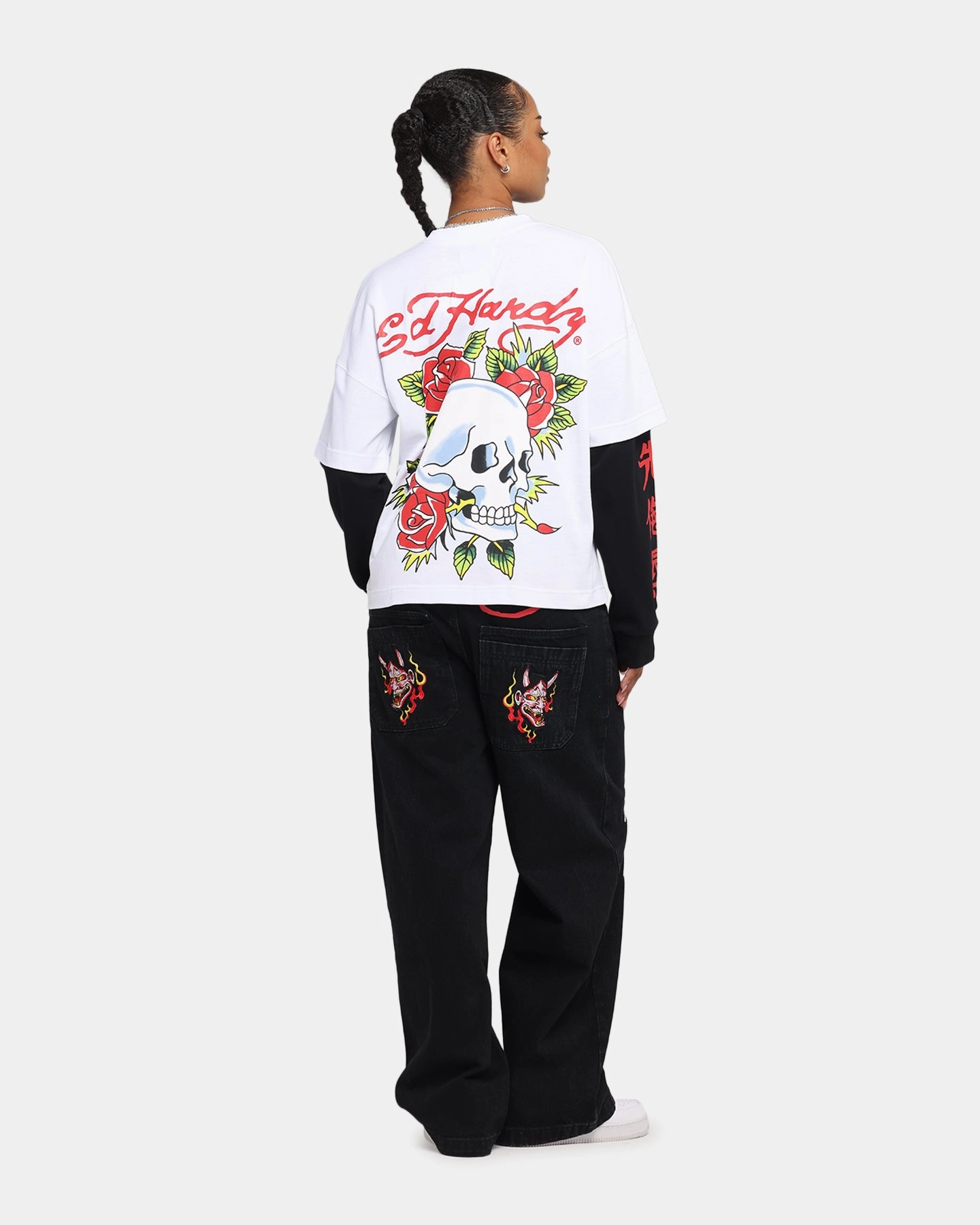 Classic Vibes Lightweight Design Ed Hardy Skull Layered Long Sleeve T-Shirt White