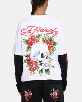 Comfort and Breathable Reinforced Hemline Ed Hardy Skull Layered Long Sleeve T-Shirt White