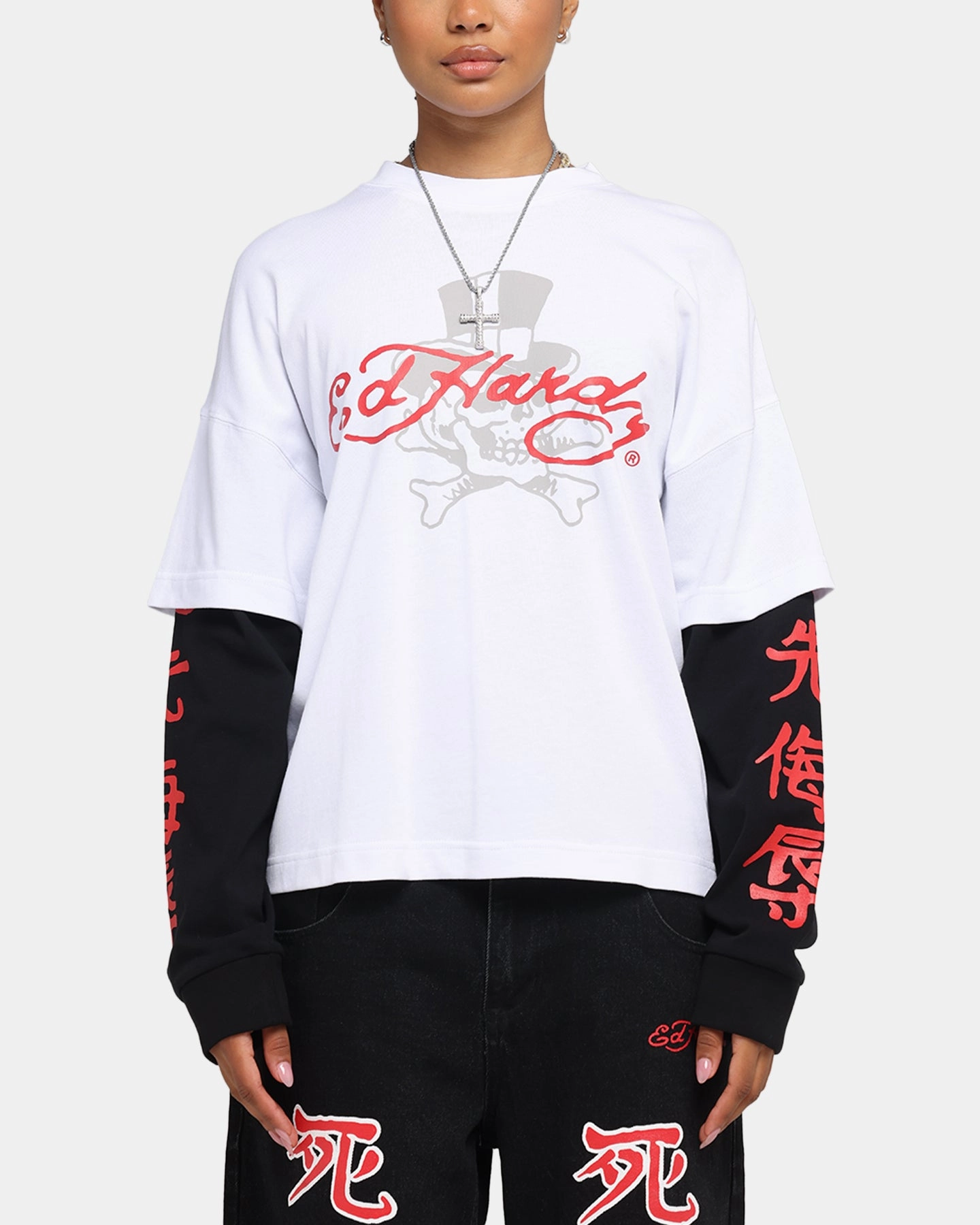 Garment Washed Texture ReinforcedHems Ed Hardy Skull Layered Long Sleeve T-Shirt White