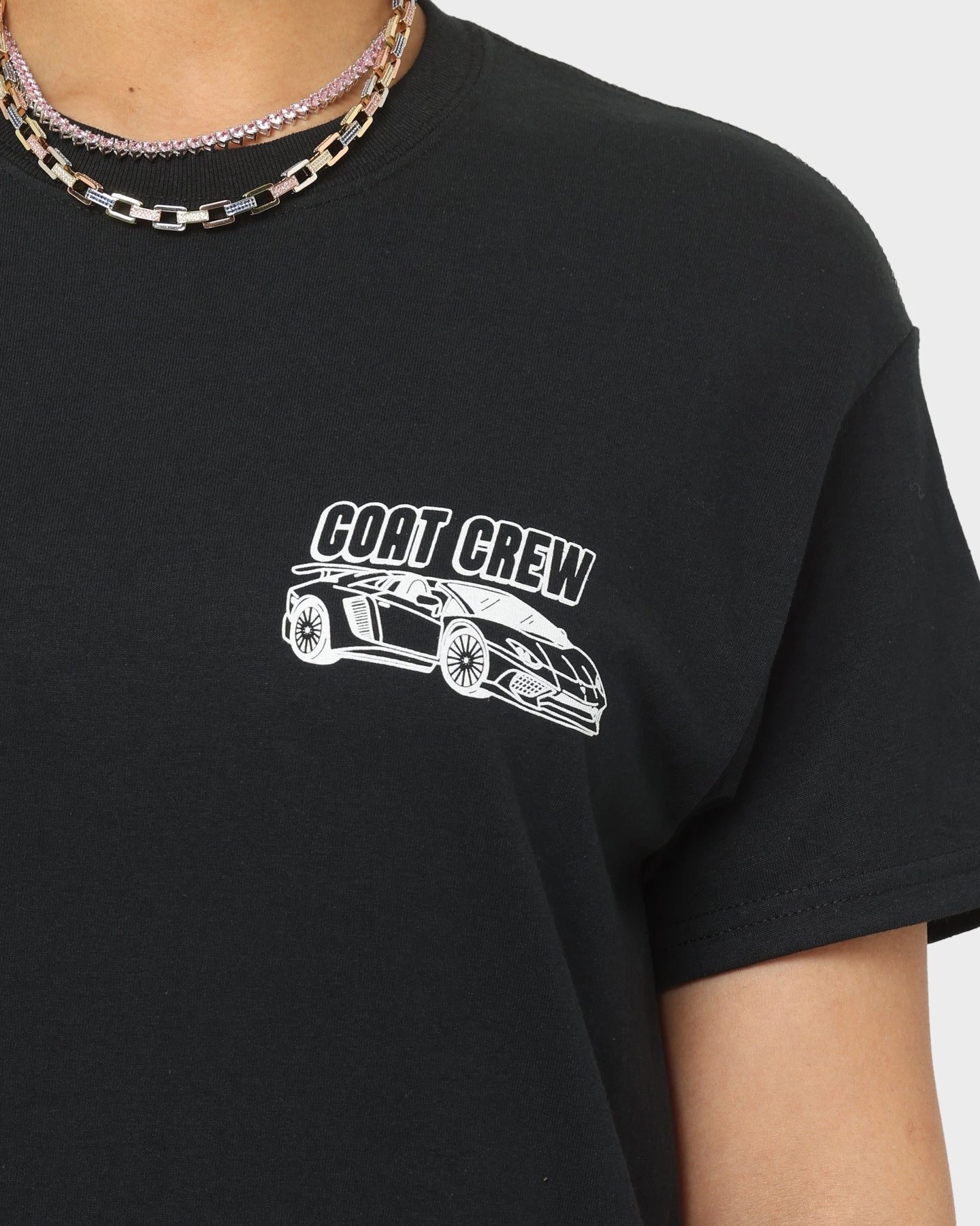 Goat Crew Race Car T-Shirt Black Feminine Touch Crew Neck Design