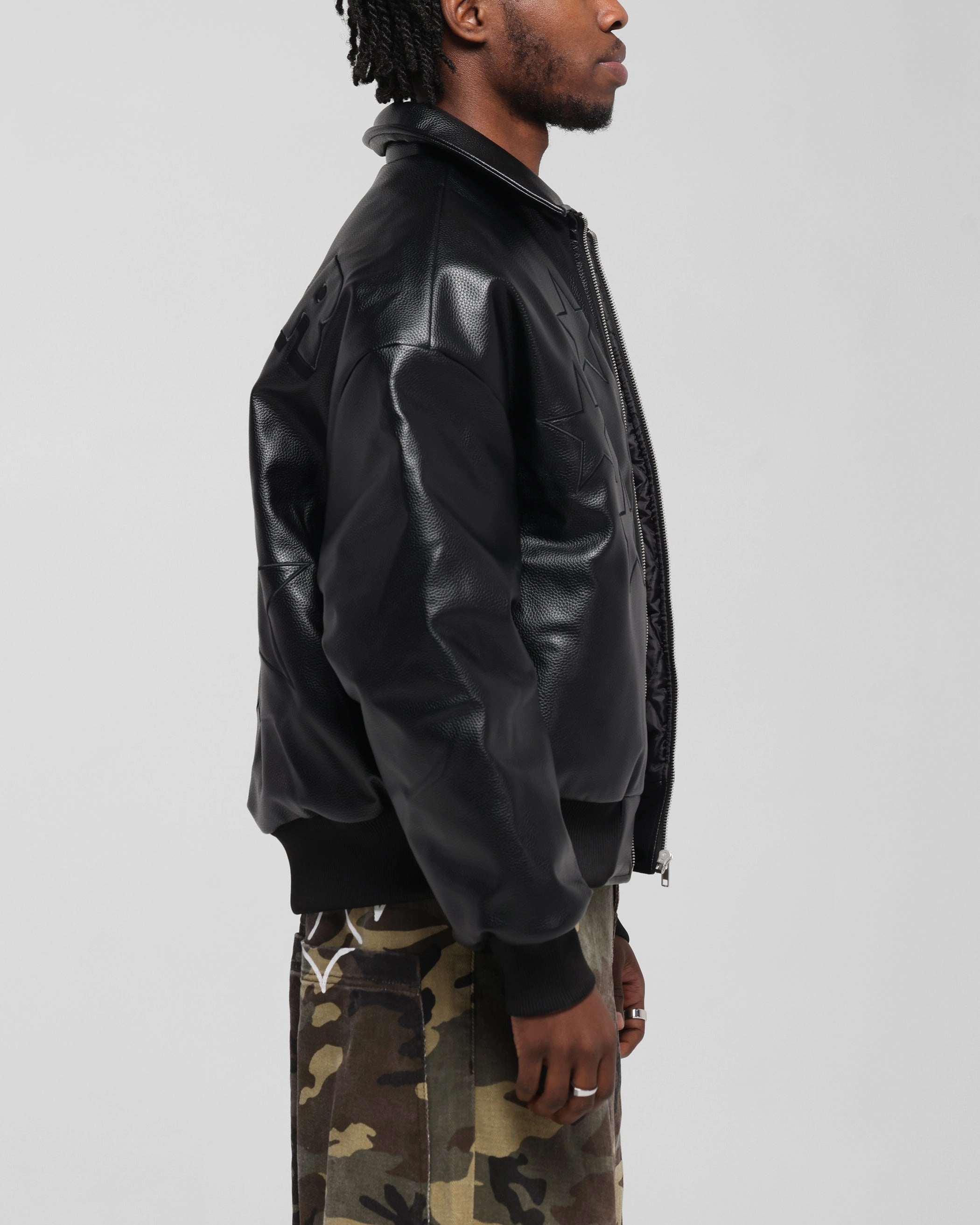 Quick Adjust Straps Loiter Solar Vegan Leather Varsity Jacket Black