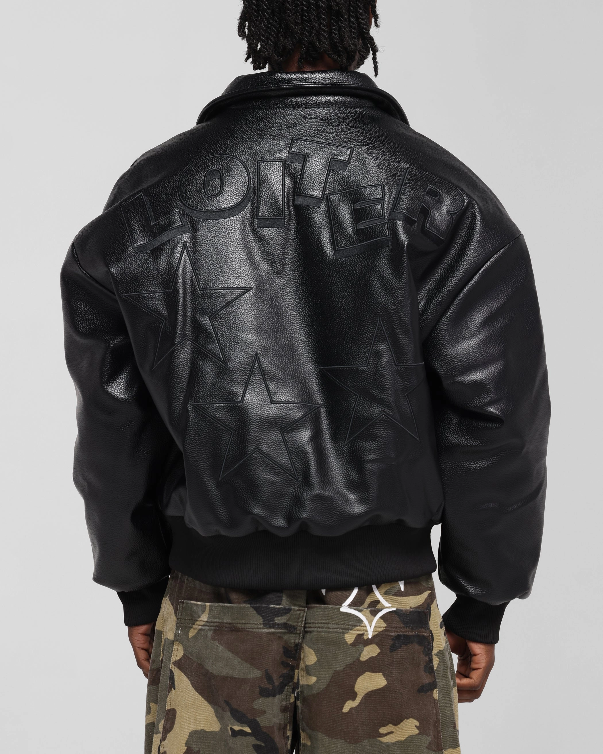 Loiter Solar Vegan Leather Varsity Jacket Black group outing