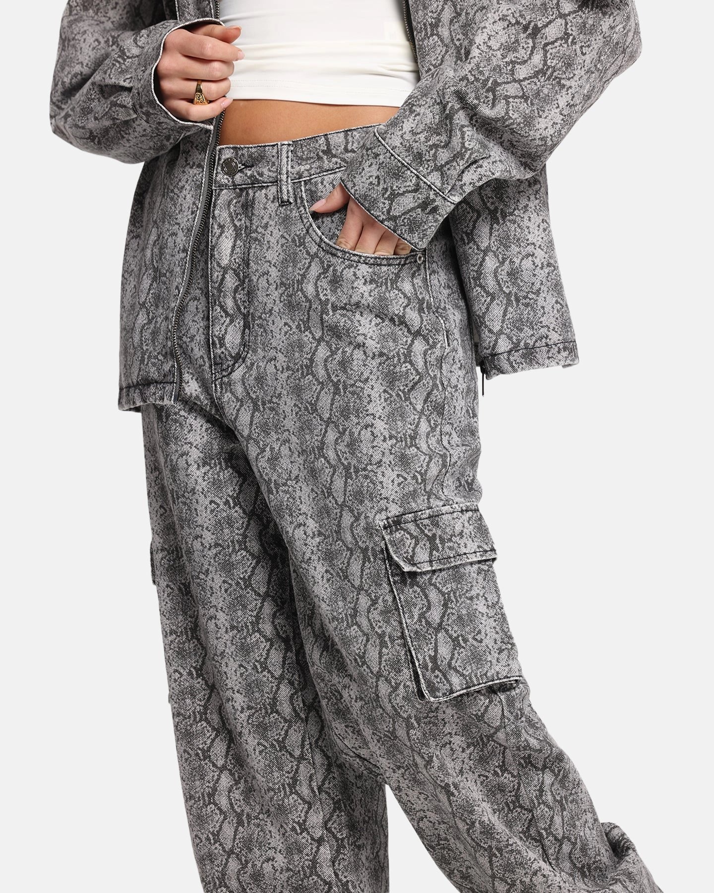 XXIII Snake Skin Cargo Pants Black Snake Print Heat Friendly Timeless Fit