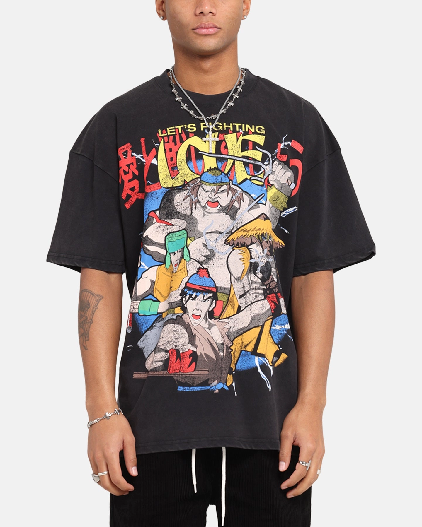 Heathered Fabric 73 Studio X South Park Lets Fighting Love Vintage T-Shirt Black Acidwash