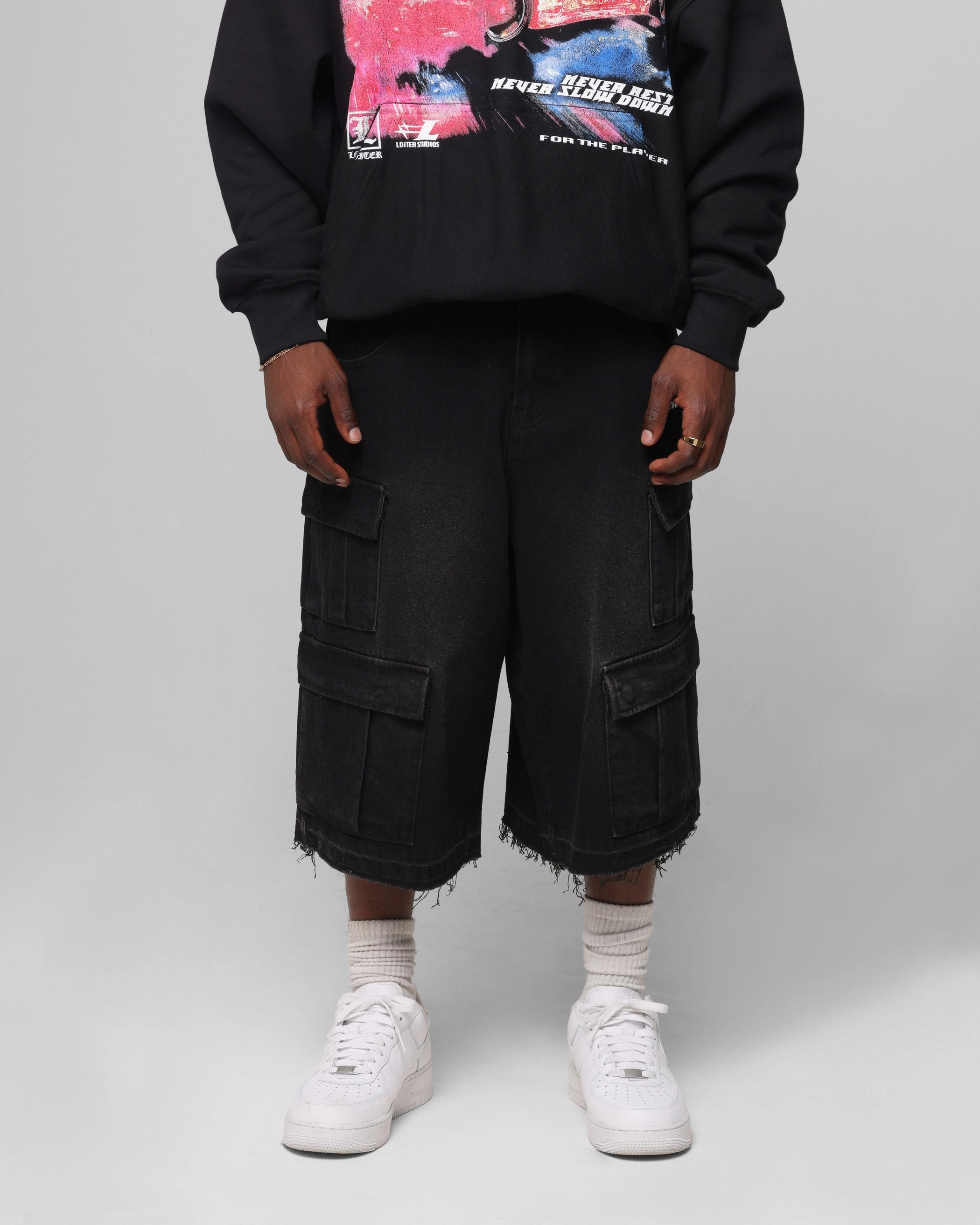 construction work Loiter 3 Quarter Pants Washed Black