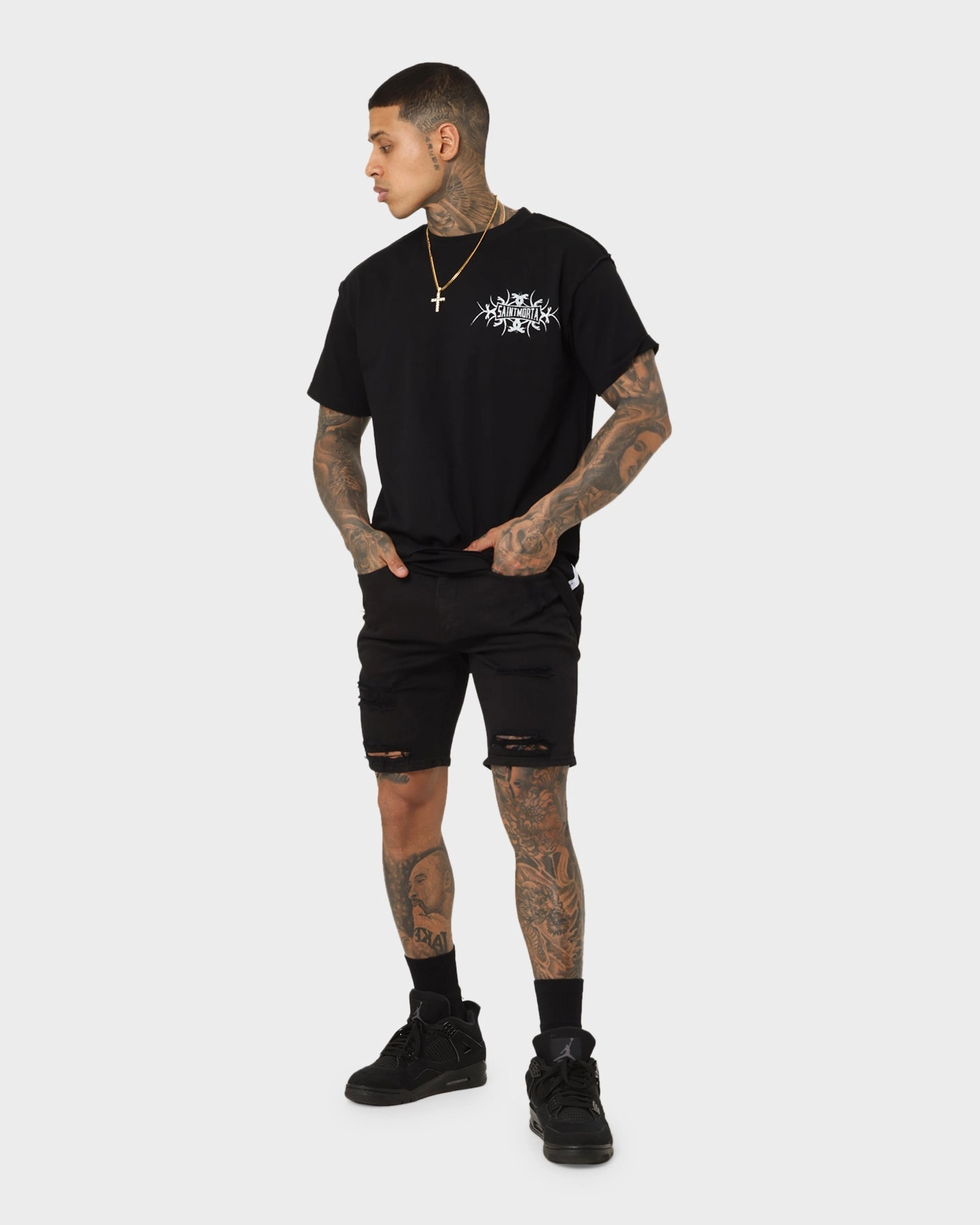 Saint Morta SM Thrashed Shorts Black Seam Free Construction