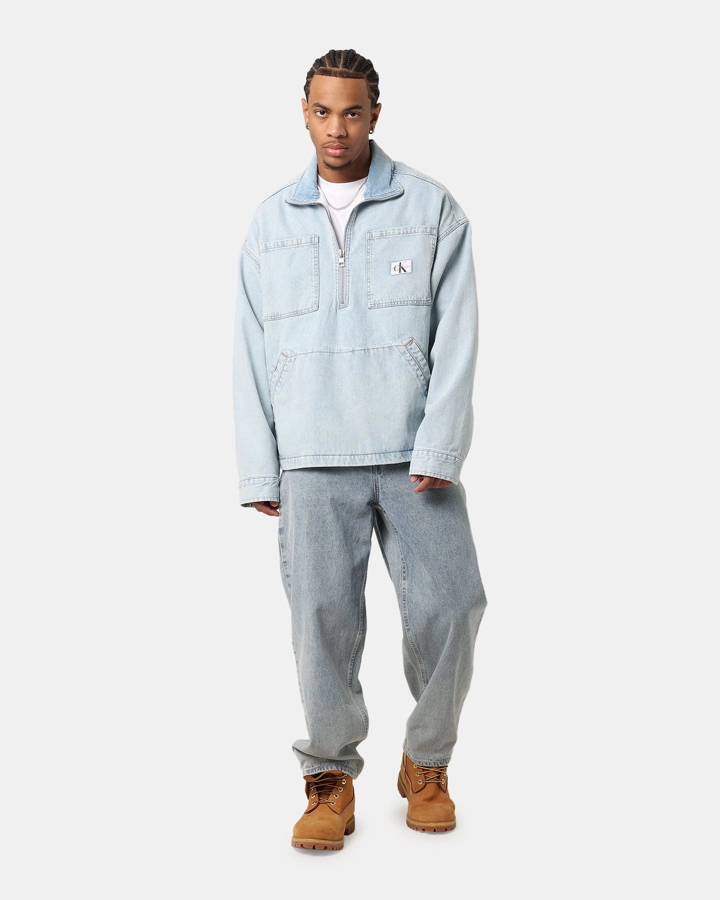 Calvin Klein Denim Pop Over Quarter Zip Jacket Light Blue suitable for spring activities Dual Zipper System