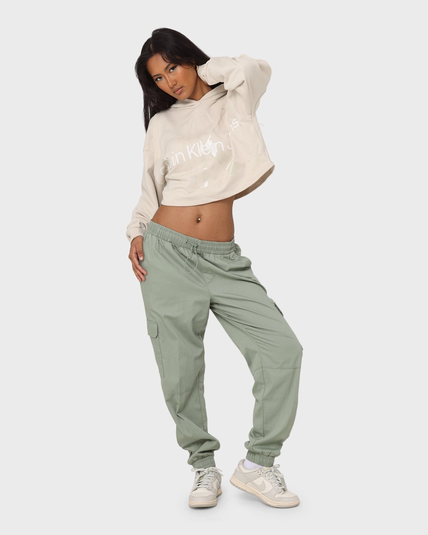 Calvin Klein Women's Glossy Monogram Hoodie Eggshell Non Restrictive Mobility