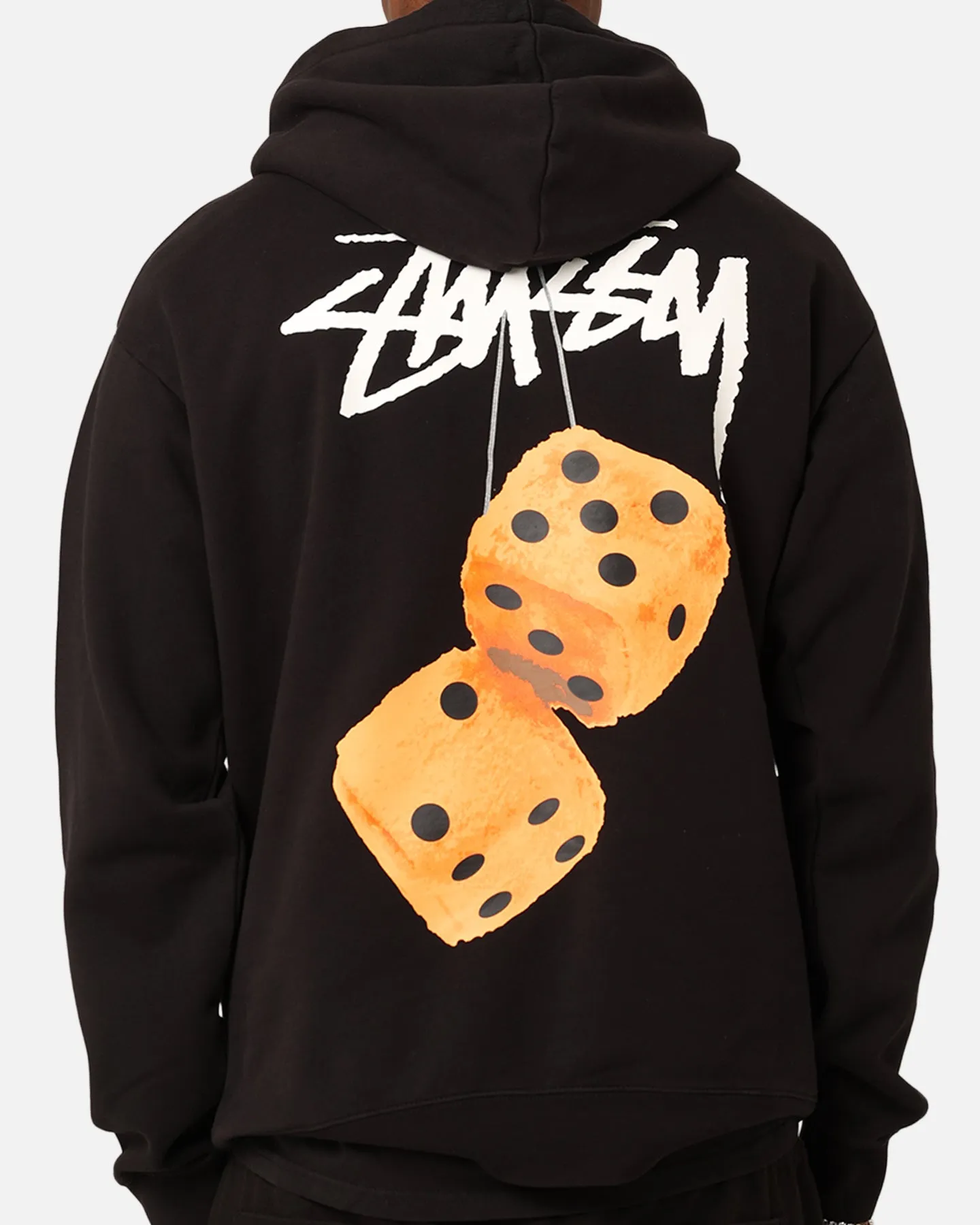 St??ssy Fuzzy Dice Fleece Hoodie Pigment Black Continue Grid Backlined Interior