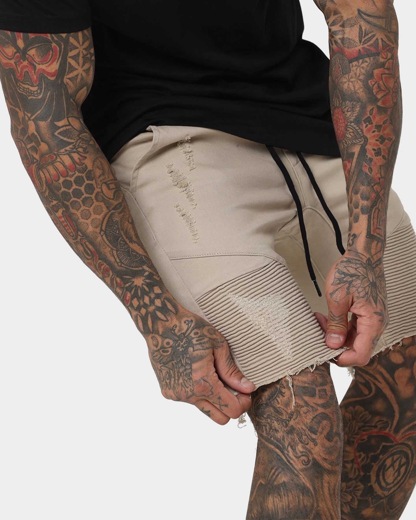 QuickAdjustStraps Saint Morta United Distressed Biker Shorts Stone